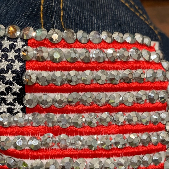 PATRIOTIC BLING WITH AMERICAN FLAG PATCH HAT BALL CAP ADJUSTABLE BLUE DENIM - Picture 3 of 7